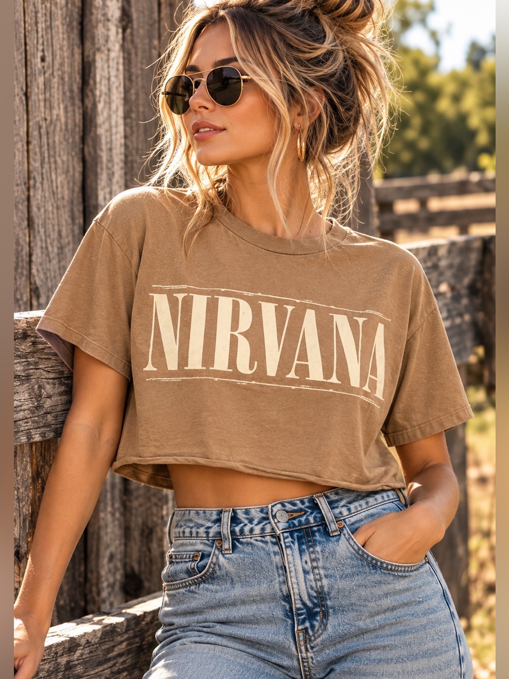 Nirvana Women’s Small Cropped Band Tee Tan Brown 90s Grunge Smiley Graphic